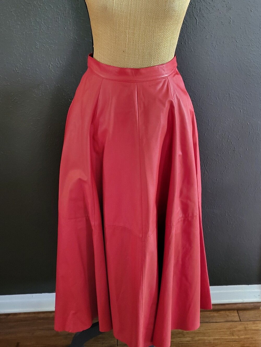 Vintage 80s Red Leather Full Maxi Skirt High Waisted Size Small